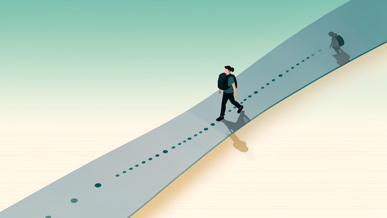 A student walking up a stylized path made of dotted lines and circular nodes, representing the steps of financial aid.