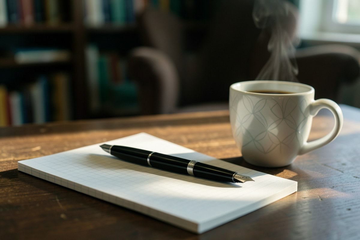 A close-up of a pen resting on a notepad with a blurred background, symbolizing careful research and writing.