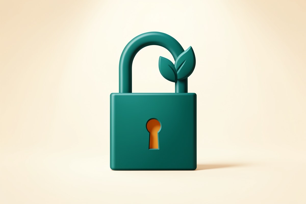 A stylized lock icon with a leaf, symbolizing data protection and security.