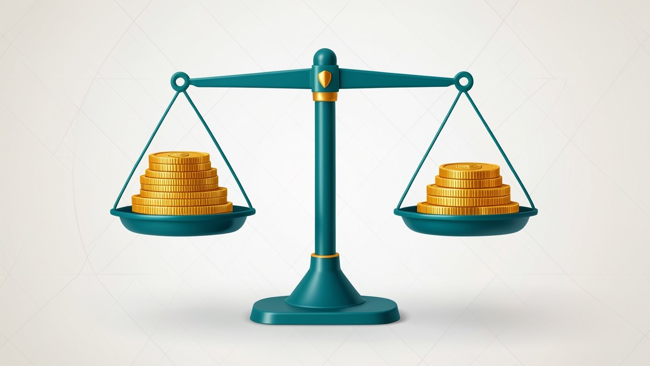 A scale balancing two stacks of coins, one with a shield, representing subsidized and unsubsidized loans.