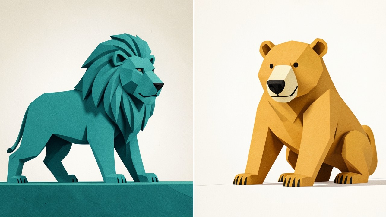 A split image with a lion on one side and a bear on the other, symbolizing a comparison.