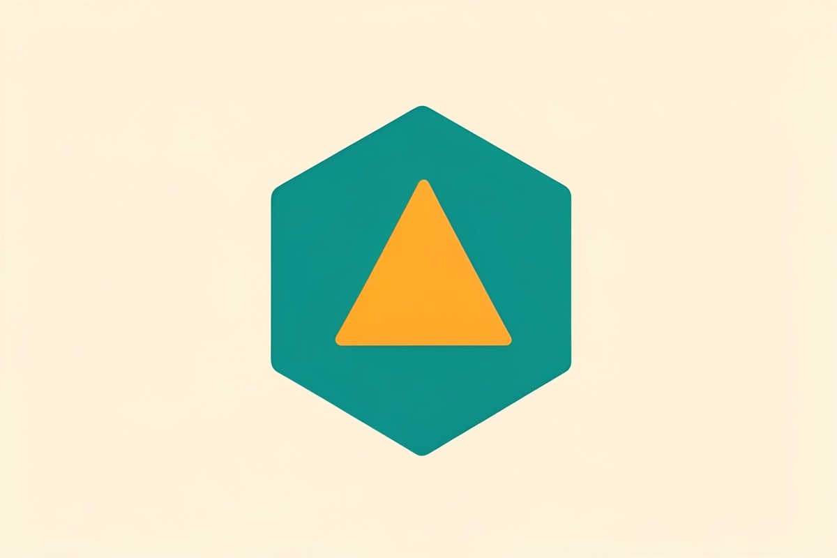 An abstract hexagonal shape with a warning triangle inside, symbolizing caution.
