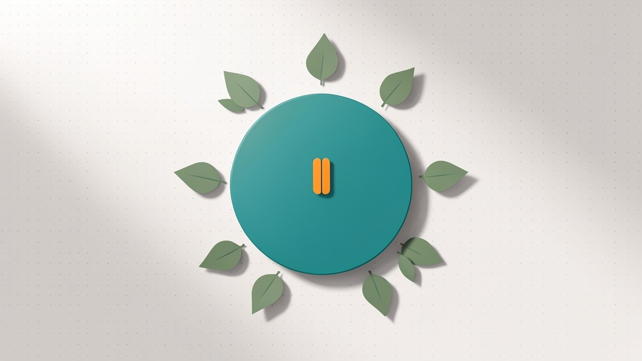 A clock with a pause button surrounded by leaves, symbolizing a temporary pause and relief.