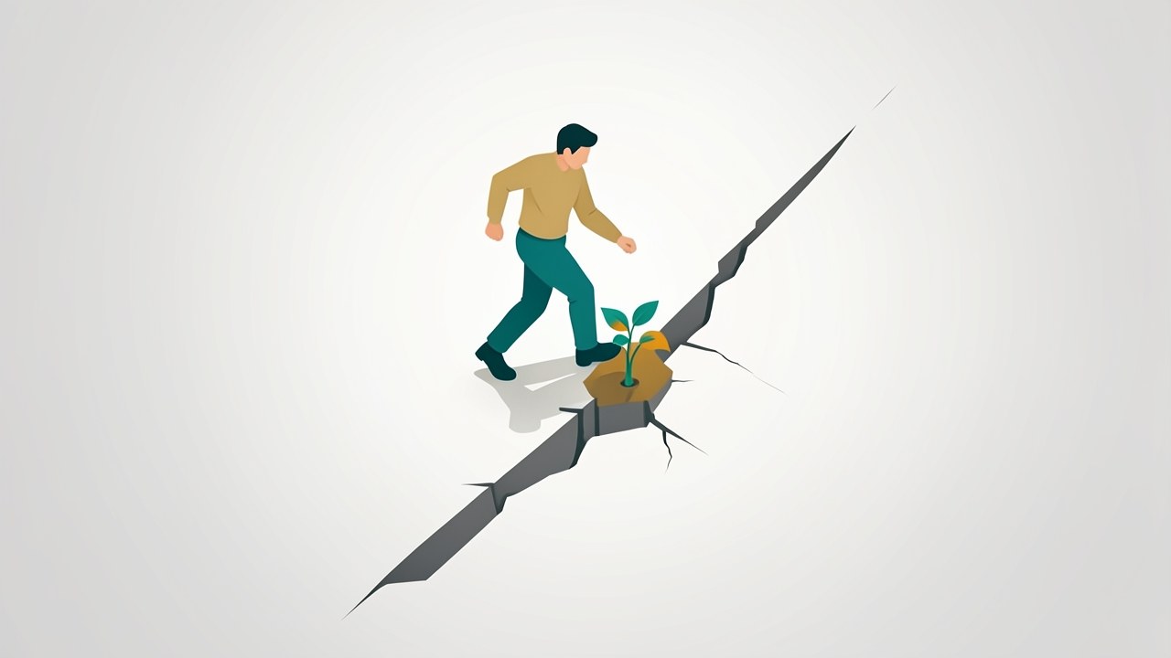 A person stepping over a crack in the ground, avoiding a fall, symbolizing escaping default.