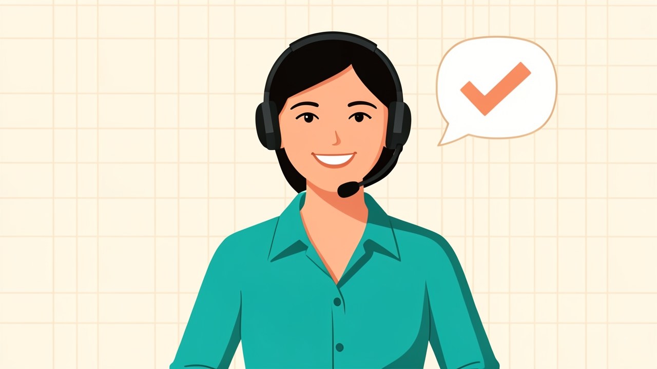 A friendly customer service representative with a headset, surrounded by speech bubbles and a checkmark.