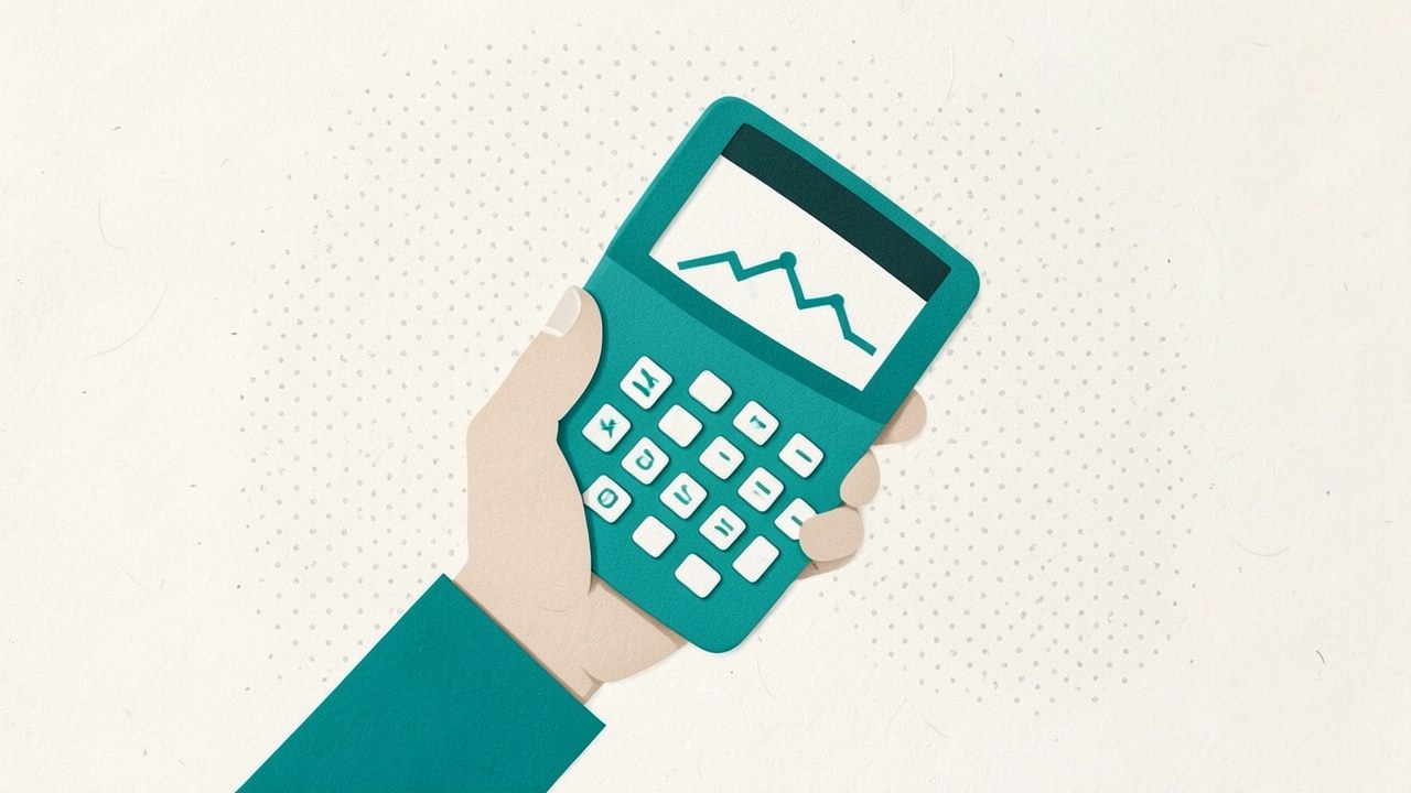 A hand holding a calculator with a stylized dollar sign, symbolizing manual calculation.