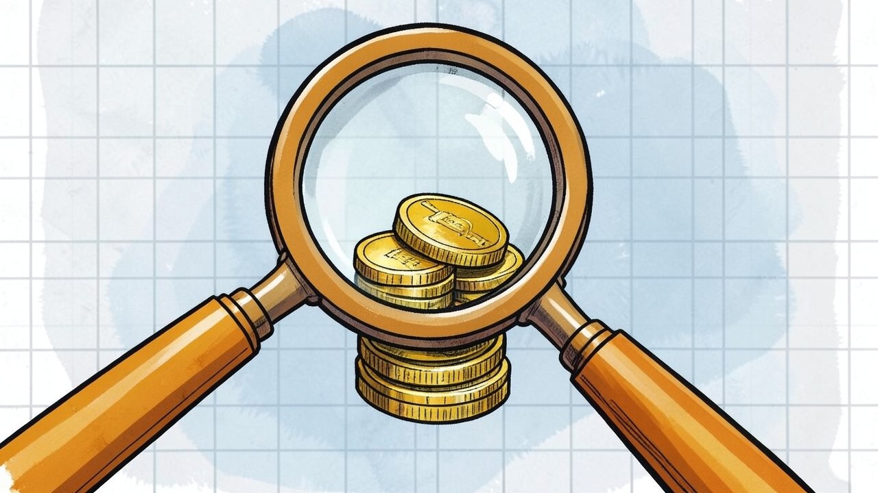 A magnifying glass over a small pile of coins, symbolizing examining fees.