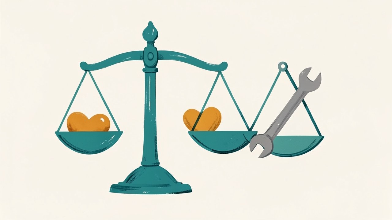Two scales, one with a heart and the other with a wrench, symbolizing forgiveness vs discharge.